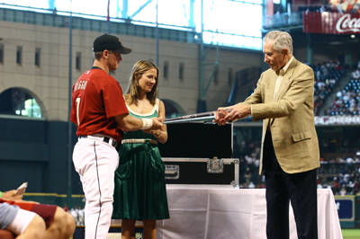optical glass baseball bat by Michael Bokrosh presented to Craig Biggio by the Houston Astros
